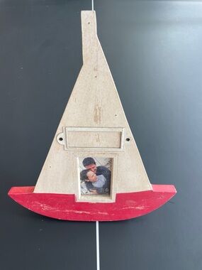 Wooden Sailboat Photo Frame with Red Accent